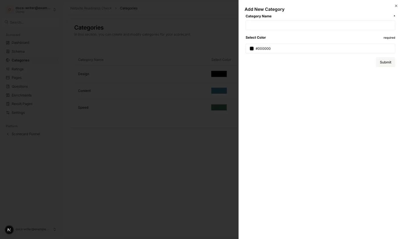 The Add New Category panel with name and color
