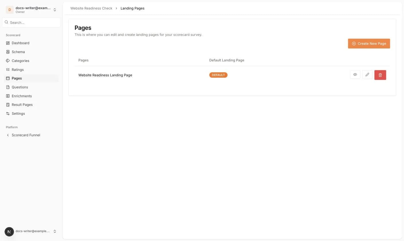 The Pages list with the default landing page and its preview, edit and delete buttons