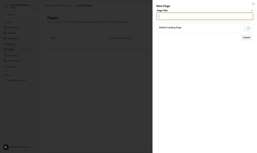 The New Page panel with Page Title and Default Landing Page