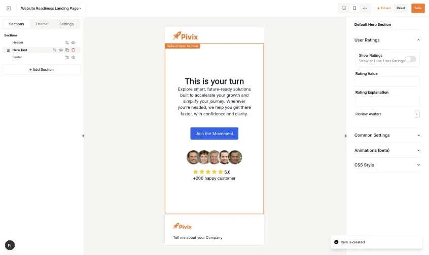 A Hero Text section added to the landing page