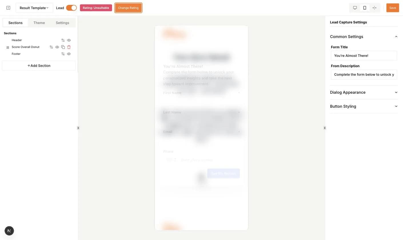 The lead capture form preview over the result page