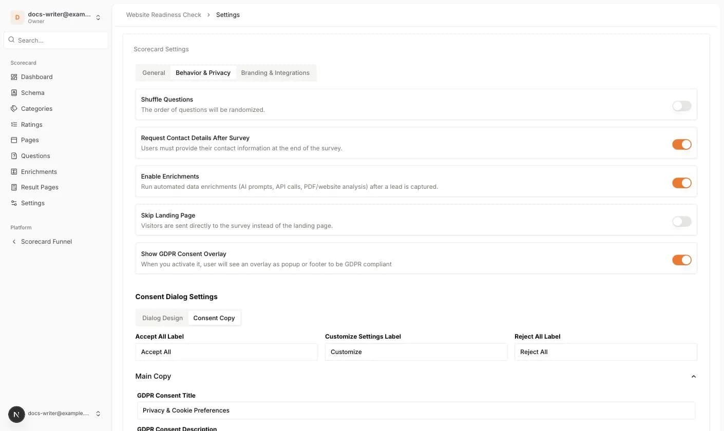 The Consent Copy tab
