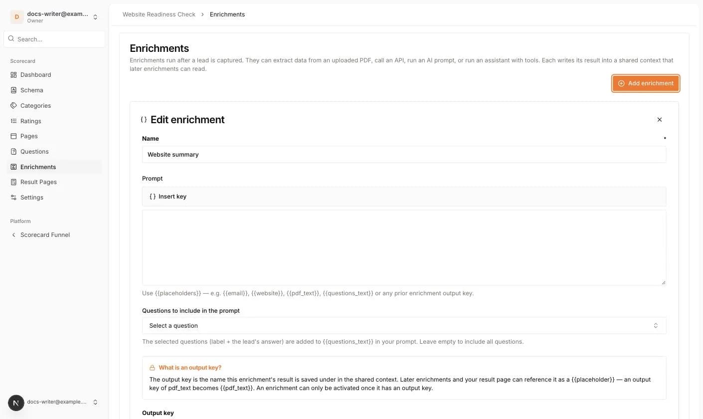 The Edit enrichment form with prompt, output key and Active switch