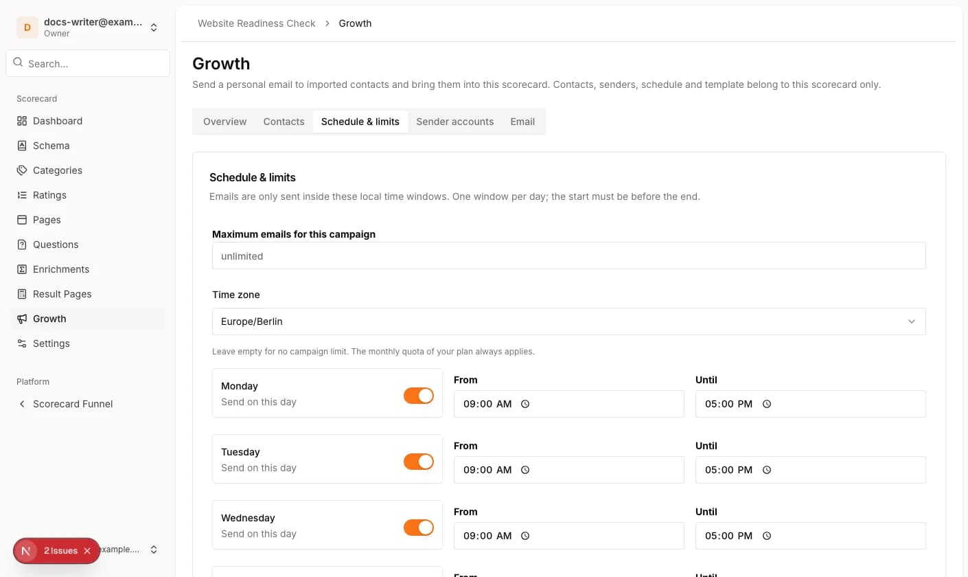 The weekly schedule with one sending window per day