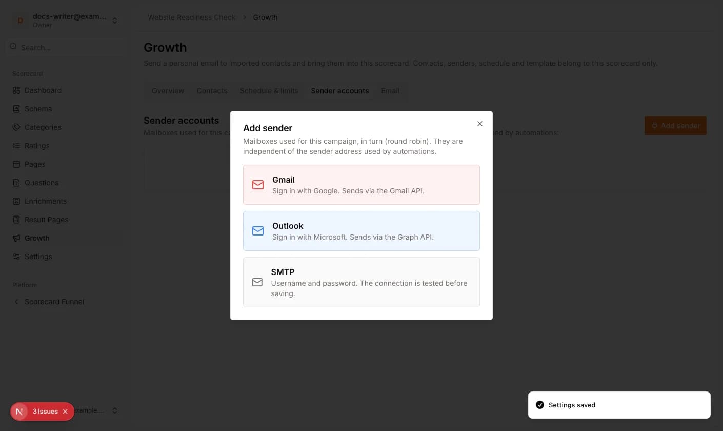 The Add sender dialog with Gmail, Outlook and SMTP