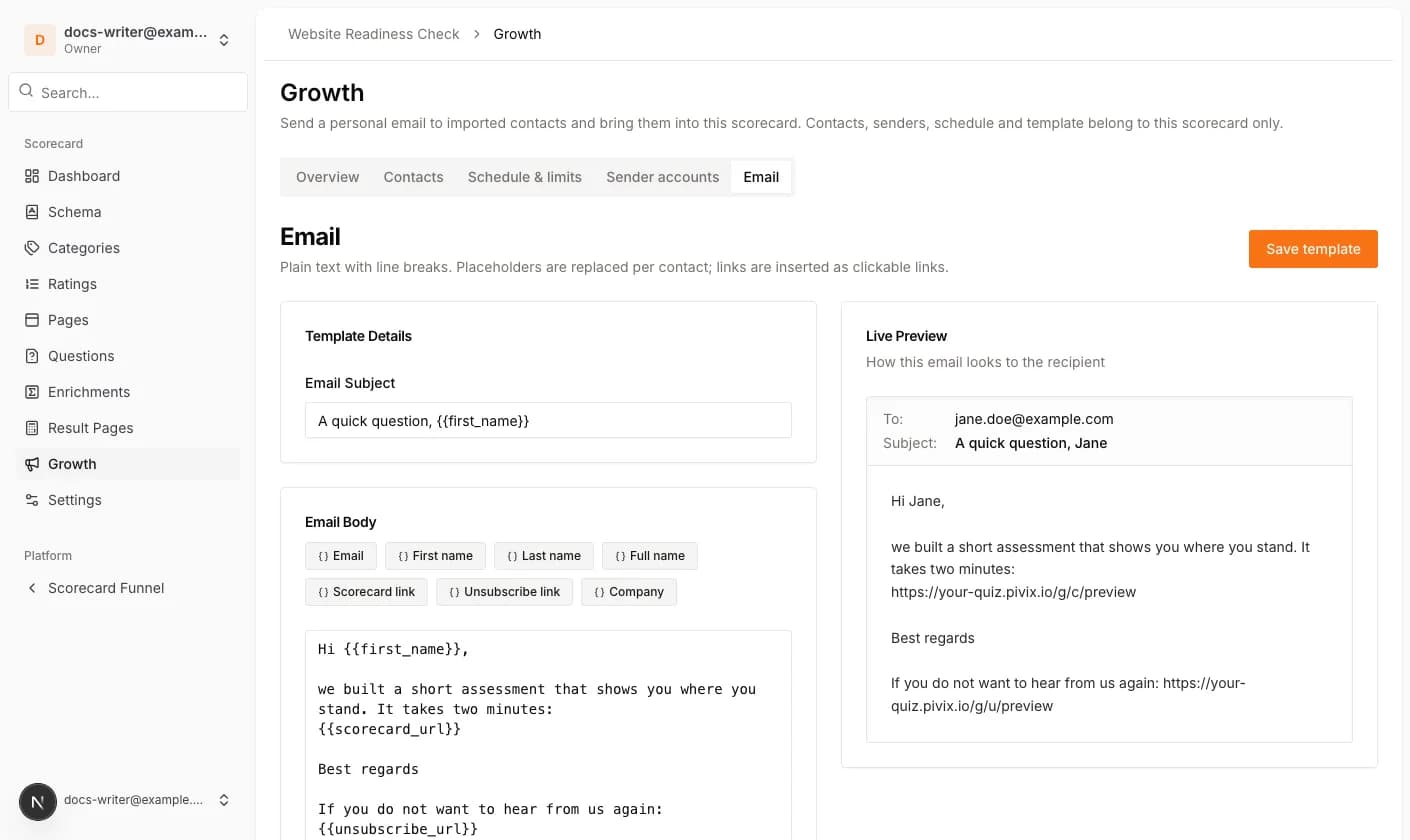 The email editor with placeholder buttons and the live preview