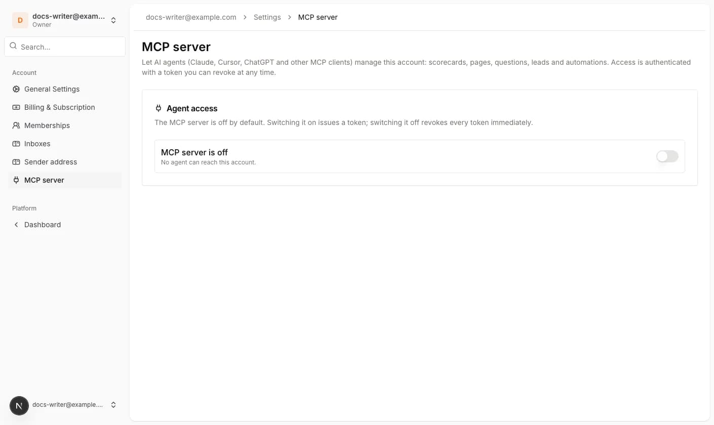 The MCP server page with the switch off