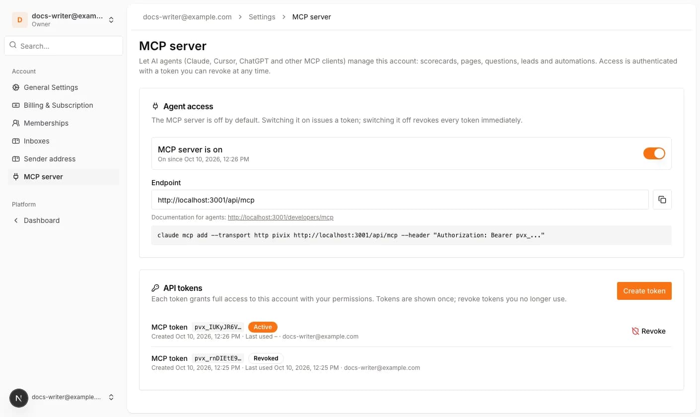The MCP server switched on with endpoint, command and the first token