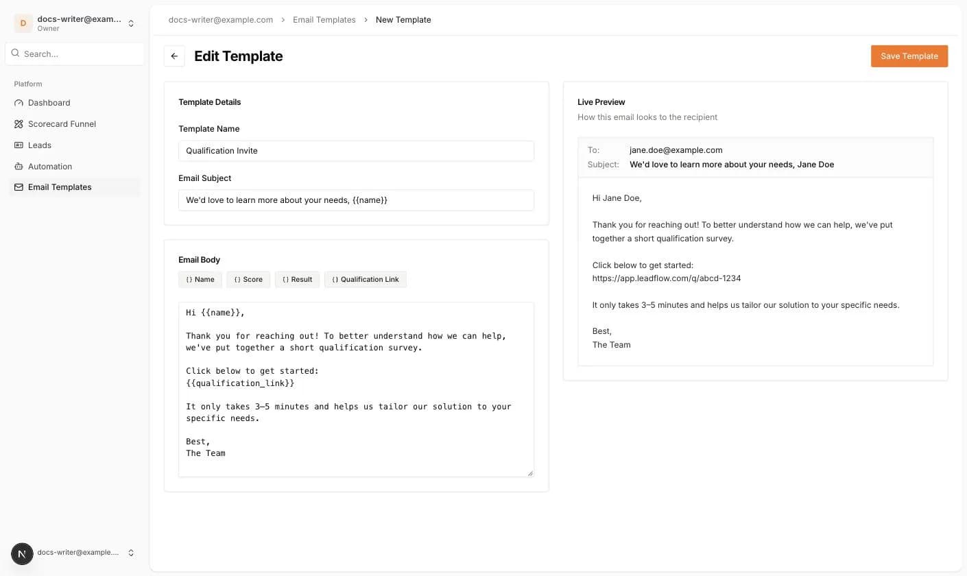 Der E-Mail-Vorlagen-Editor mit Live-Vorschau