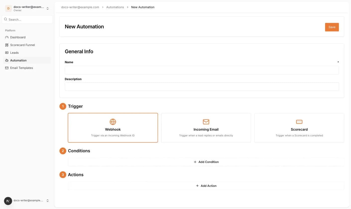 The New Automation page with General Info, Trigger, Conditions and Actions