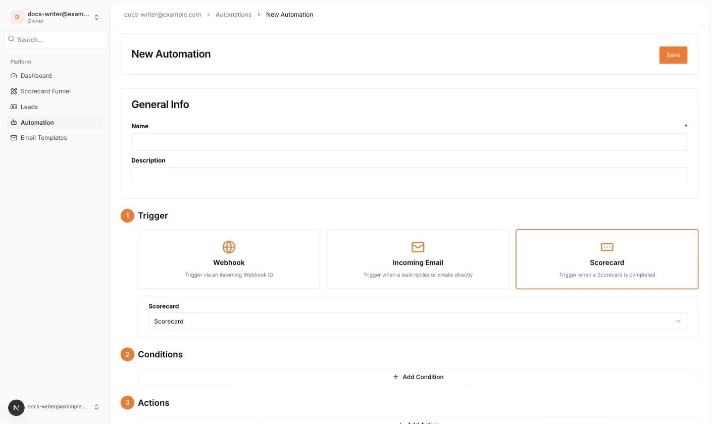 The Trigger section with Scorecard selected and the scorecard dropdown