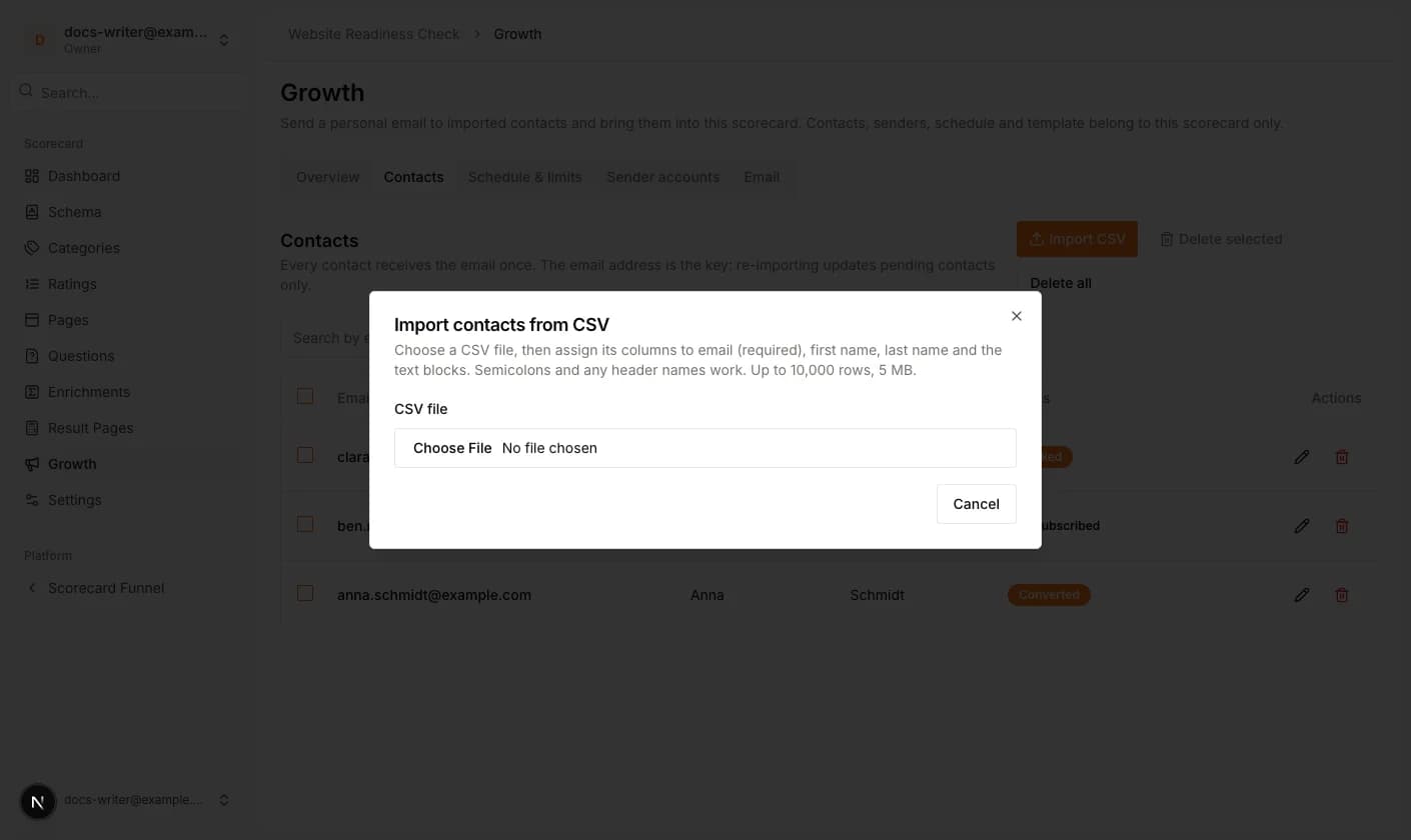 The Import contacts dialog with a chosen CSV file