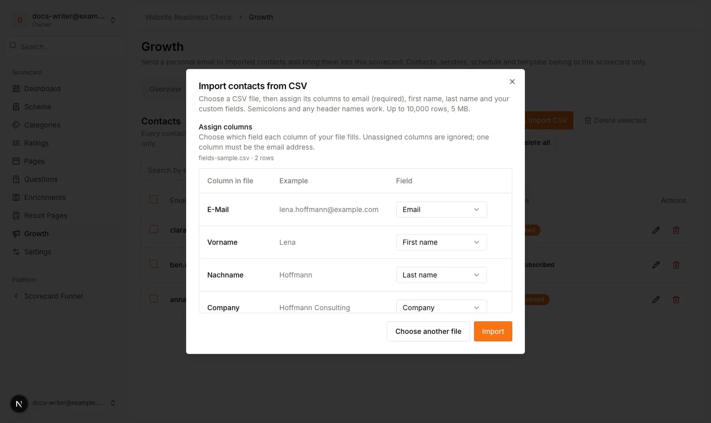 Assigning the columns of the file to the contact fields