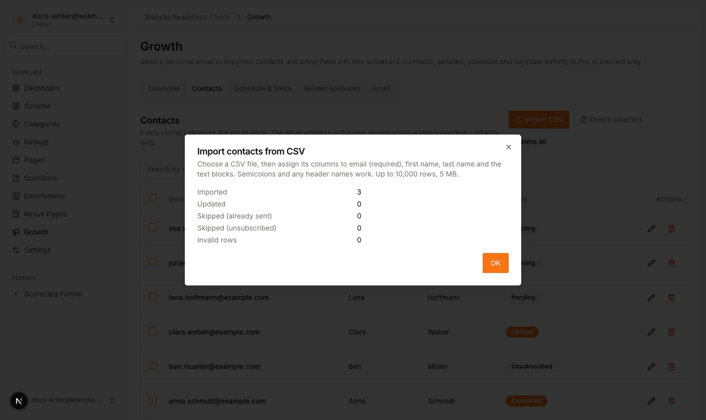 The import report with imported rows and the list of invalid rows