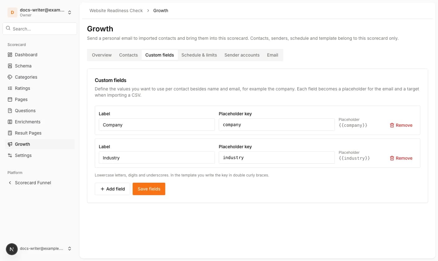 The Custom fields tab with the fields Company and Industry